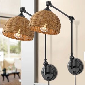 MLiAN Adjustable Swing Arm Wall Sconce with Rattan Shades SET of 2